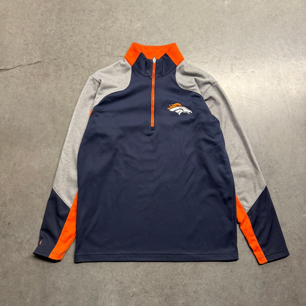 Antigua Denver Broncos Quarter Zip Pullover Mens Medium Navy Blue Orange Gray